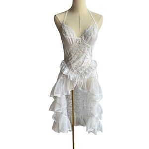 Vintage 80s White Lace Lingerie O/S Gown Bodysuit Teddy High Low Sheer Ruffle